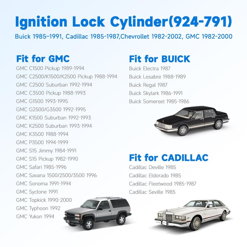 lasancamila 924-791 Ignition Switch Lock Cylinder with Keys Fit for GMC 1500 / Sonoma 1991-1994 / Yukon 1994, Chevy 2500 / S10 1982-1994, Buick, Cadillac, Oldsmobile, Pontiac, Replaces 4H1018, US-117LT - Image 2